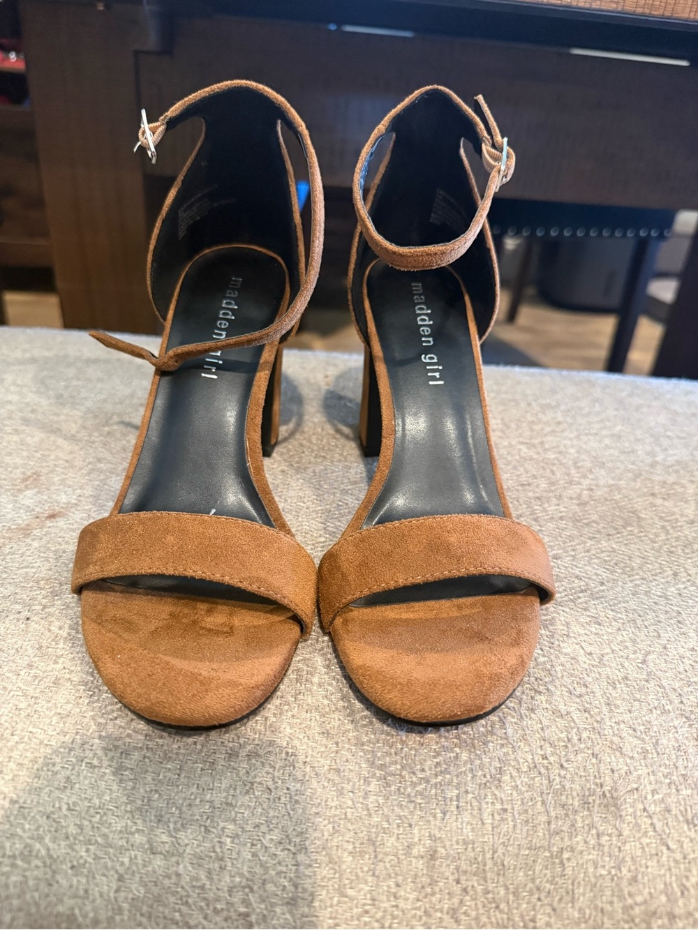 Madden Girl Tan Suede Ankle-Strap Block Heels